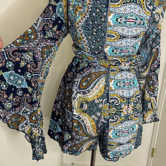 AELSON Women's Boho V Neck Paisley Print Flare Sleeves Romper Concert Sz XL - Picture 3 of 10